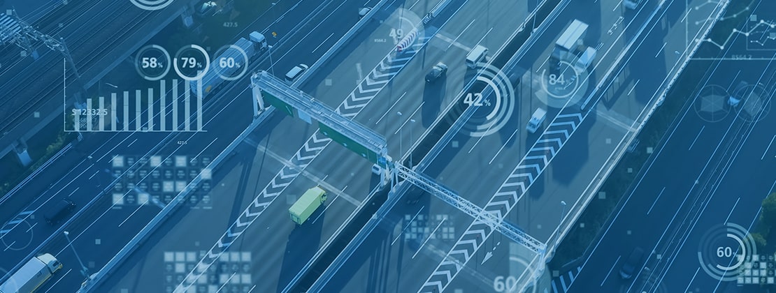 Birdseye view of a busy road with a high-tech overlay
