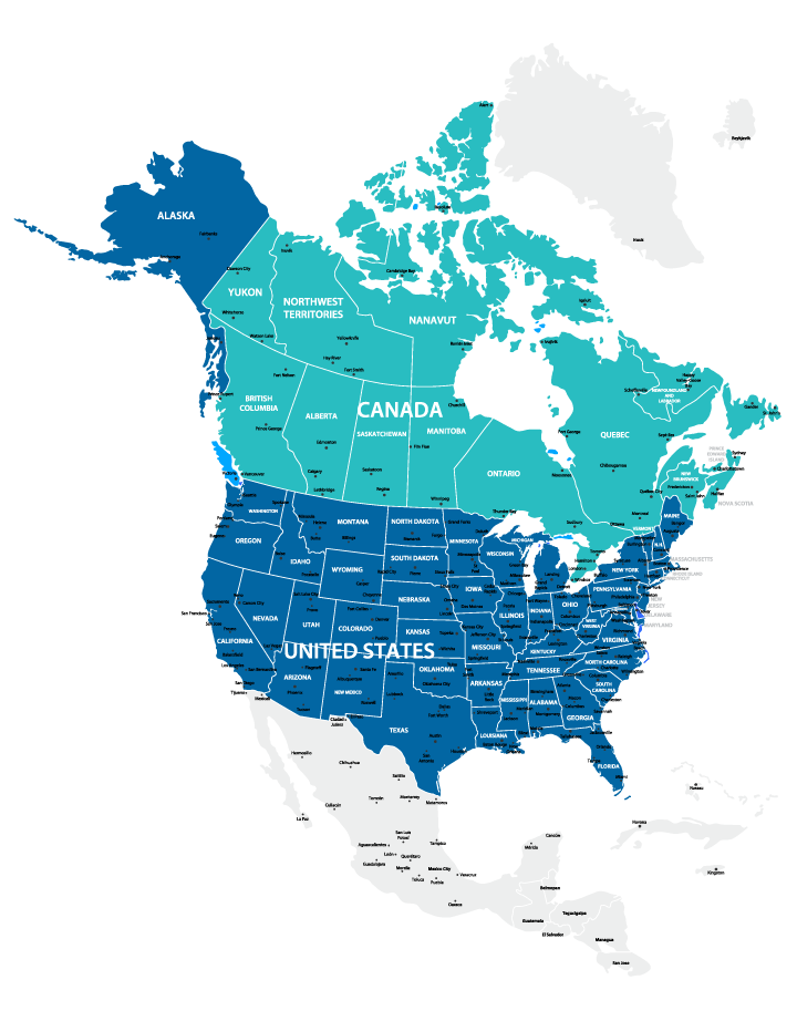 A map highlighting the USA and Canada