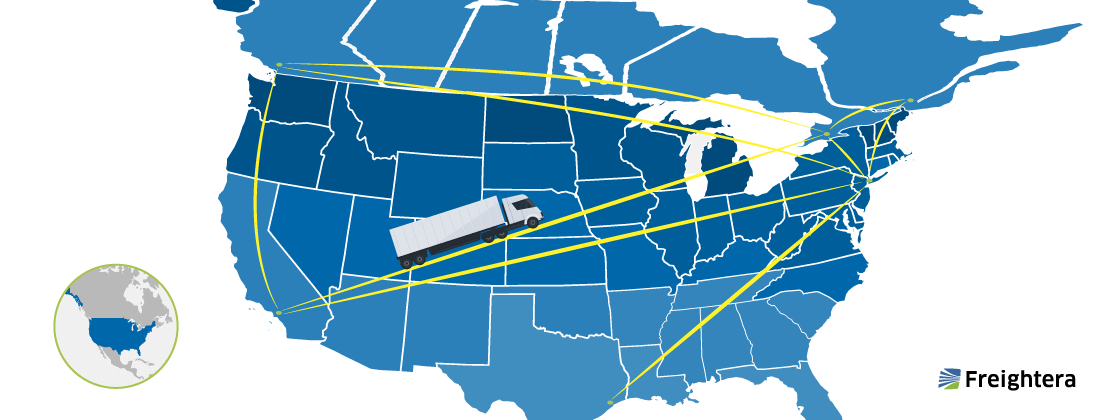 A map of the USA and Canada with major freight hubs connected by lines representing freight shipping lanes