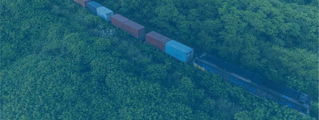 Freight train moving containers through a forrested area.