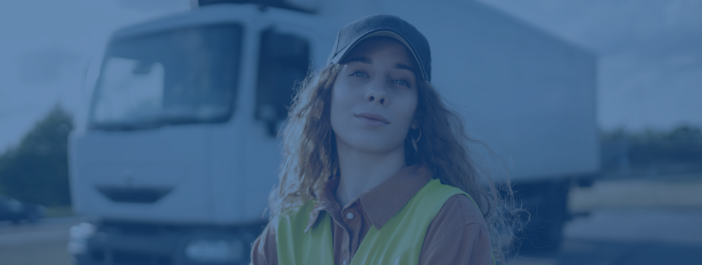 Female truck driver posing in a visibility vest next to a freight truck