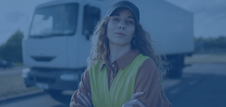 Female truck driver posing in a visibility vest next to a freight truck