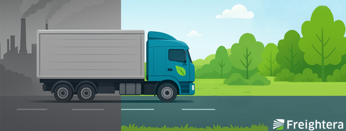 Illustrated truck transitioning from grey, polluted to agreen and clean half of the screen
