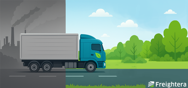 Illustrated truck transitioning from grey, polluted to agreen and clean half of the screen