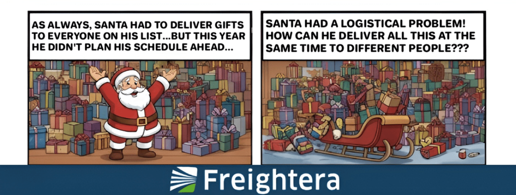 A comic of Santa struggling with his logistics needs.