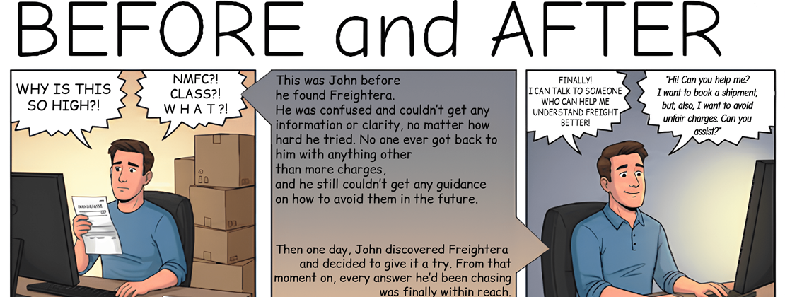 A comic depicting John, a character stressed before finding Freightera, and relaxed after.