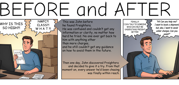 A comic depicting John, a character stressed before finding Freightera, and relaxed after.