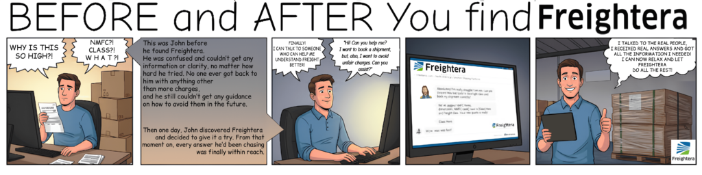 A comic depicting a character stressed before finding Freightera, and relaxed after.