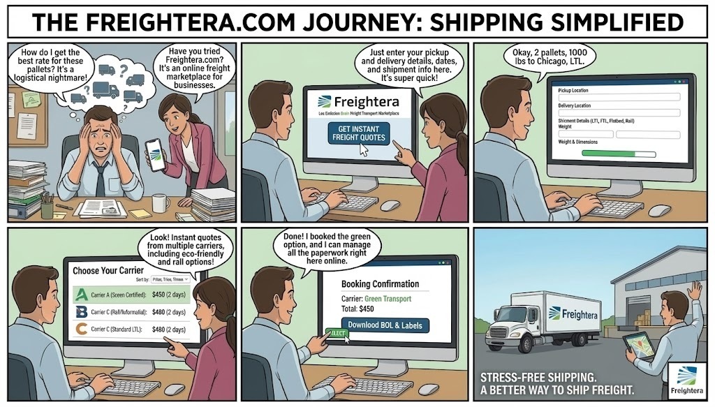 A comic showcasing Freightera's purpose and ease of use.