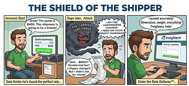 A comic illustrating Freightera's Rate Defense at work.