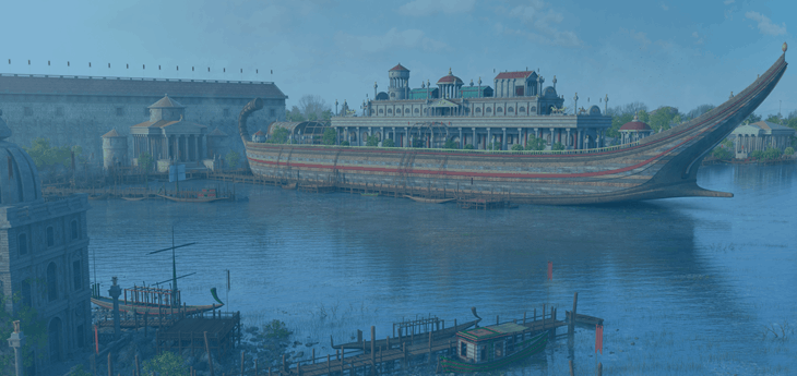 A 3d render of Caligula's giant ship which was used to transport an obelisk from Egypt