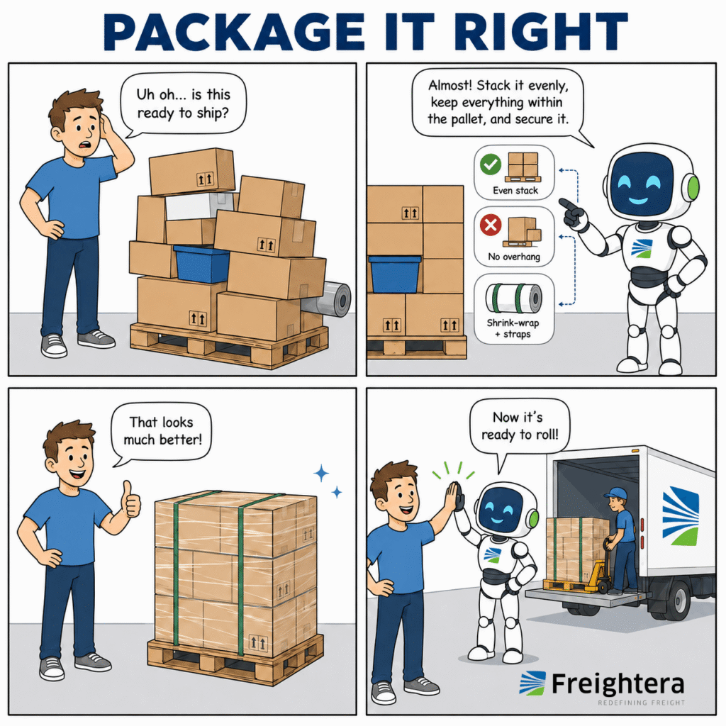 A comic showing the Fr8-ra bot helping a shipper with proper packaging.