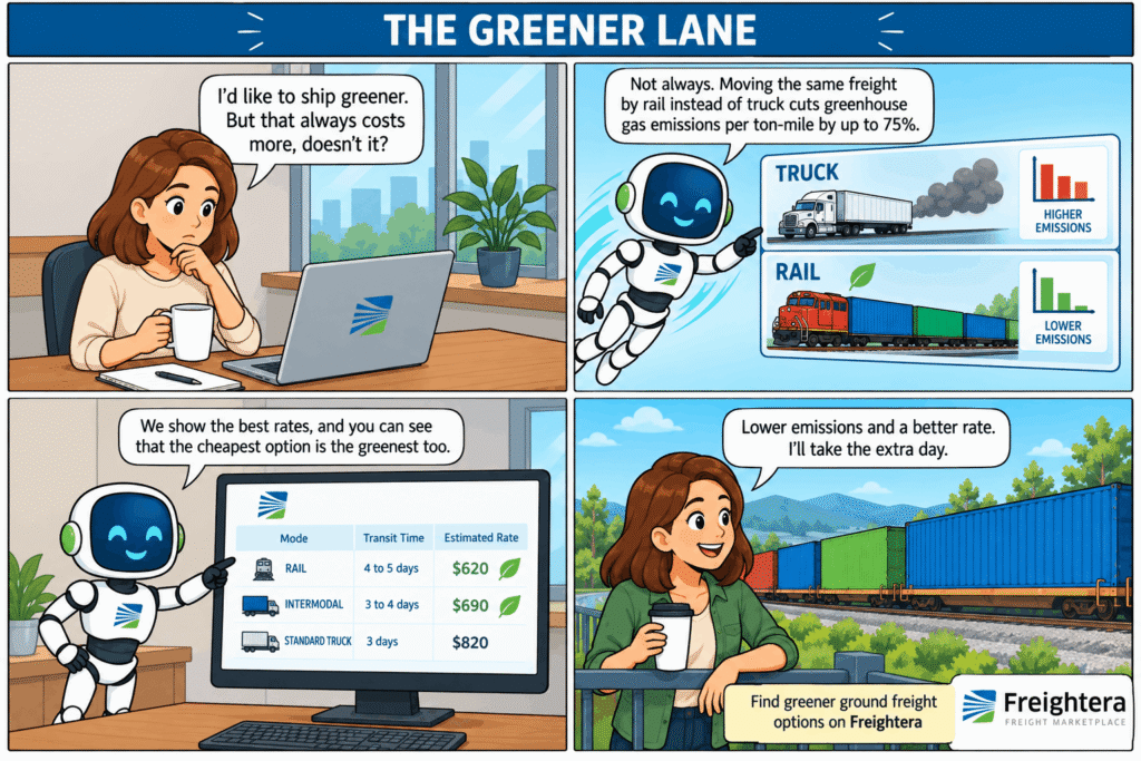 An illustrated comic of a freight shipper looking for greener freight shipping options