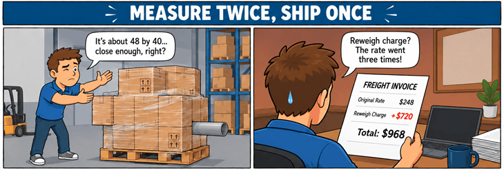 A comic showing a shipper packaging their freight incorrectly by "eying" the dimensions, instead of measuring.