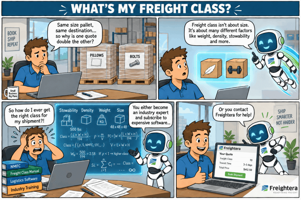 A omic depicting a freight shipper struggling with their freight class.
