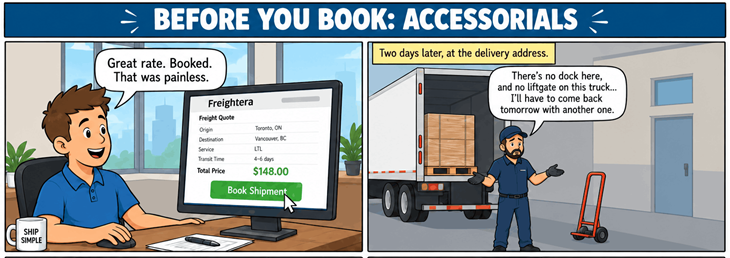 A comic showcasing a shipper having trouble with accessorial services in freight shipping.