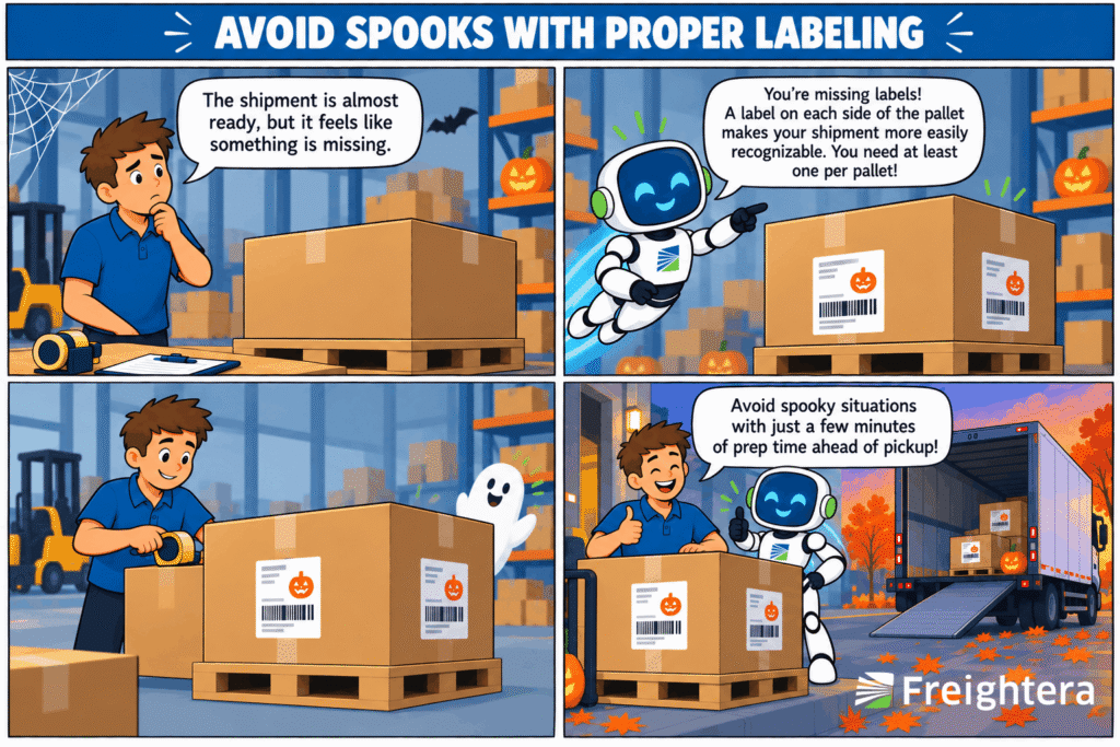 An illustrated comic showing a shipper struggling with proper freight labeling in a cozy Halloween setting.