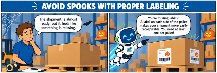 An illustrated comic showing a shipper struggling with proper freight labeling in a cozy halloween setting.