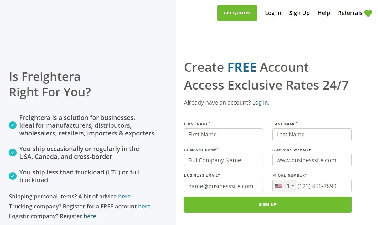 Screenshot of the form on the Sign Up page on Freightera