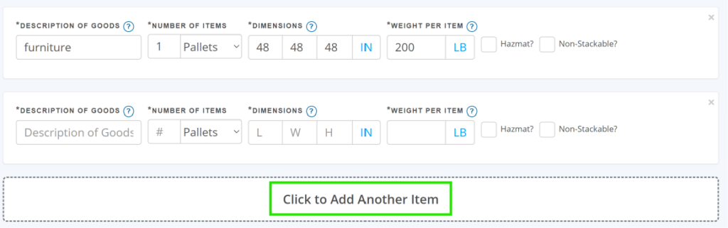 Add another item option on the Freightera quoting page