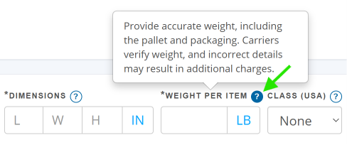 Explanations of the shipment information fields on the Freightera quoting page