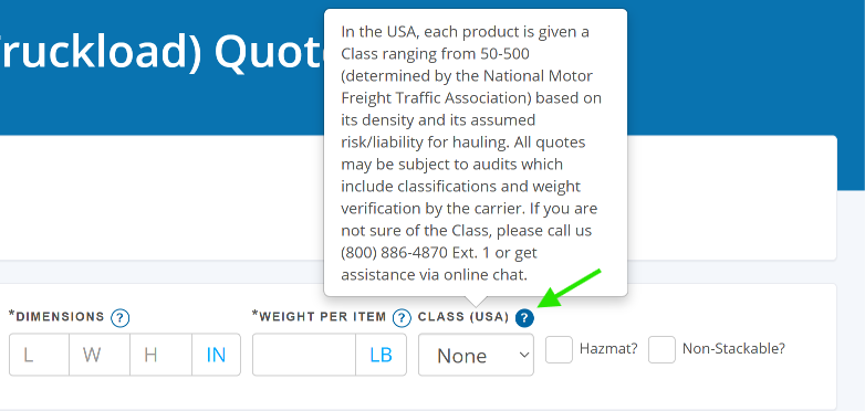 Freight class on the Freightera quoting page