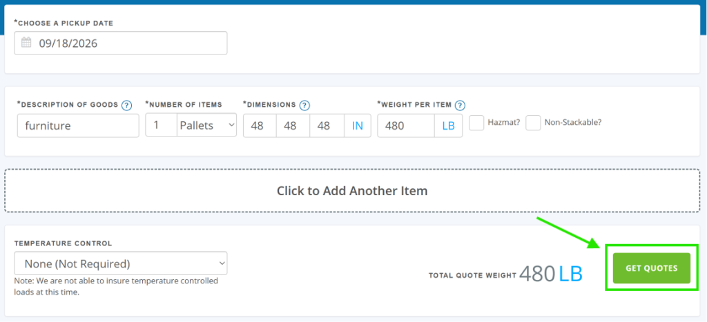 Get quotes button on the Freightera quoting page
