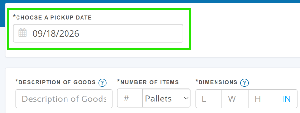 Pickup date on the Freightera quoting page