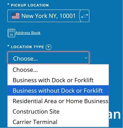 Pickup location types on Freightera quoting page