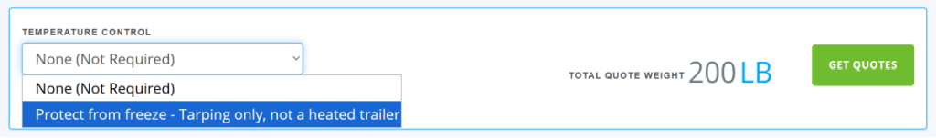 Protect from freeze options on the Freightera quoting page
