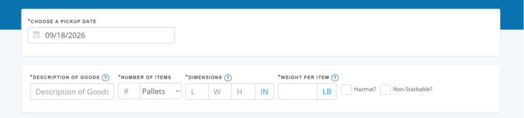 Shipment information fields on Freightera quoting page