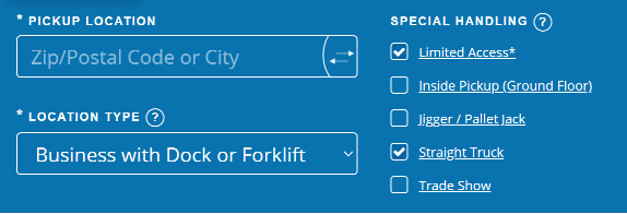 Special handling services on the Freightera quoting page
