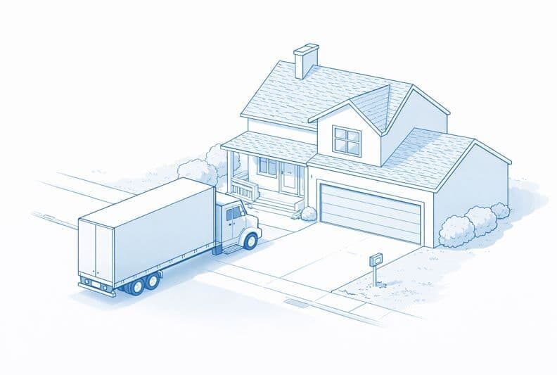 A Freightera illustration of a freight truck pulling in front of a house