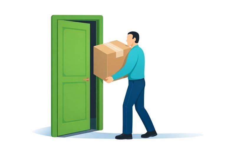 A Freightera illustration of a man carrying a box inside a door, representing the inside delivery service