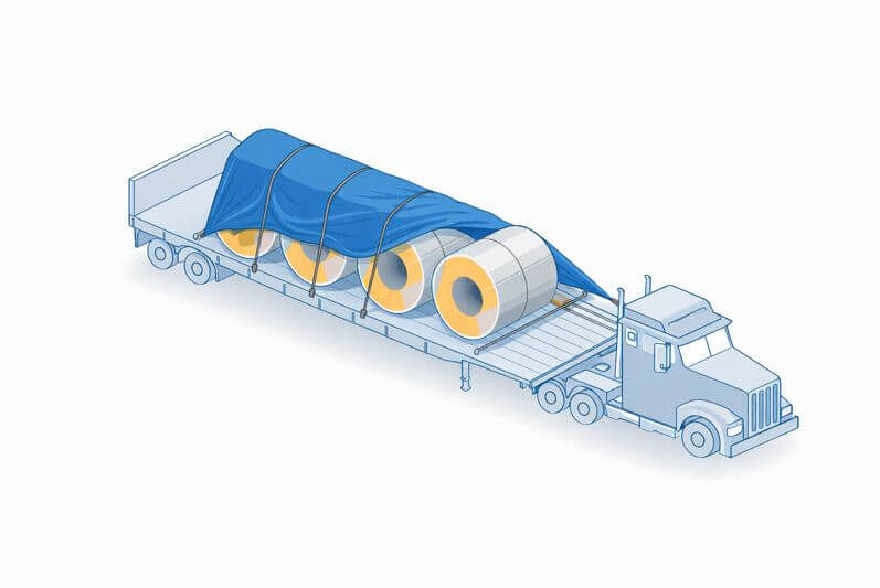 A Freightera illustration of a shipment on a flatbed with tarping