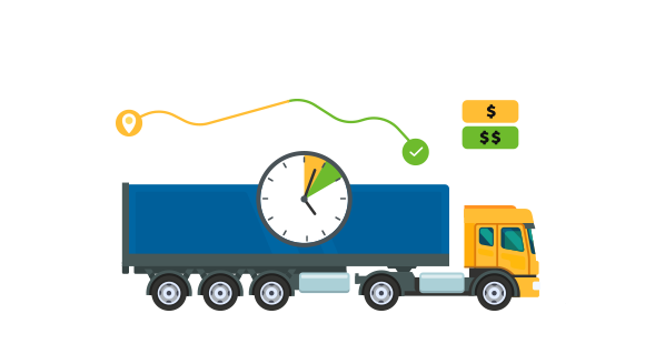 A Freightera illustration of a truck with a clock on it, symbolizing time-sensitive shipping