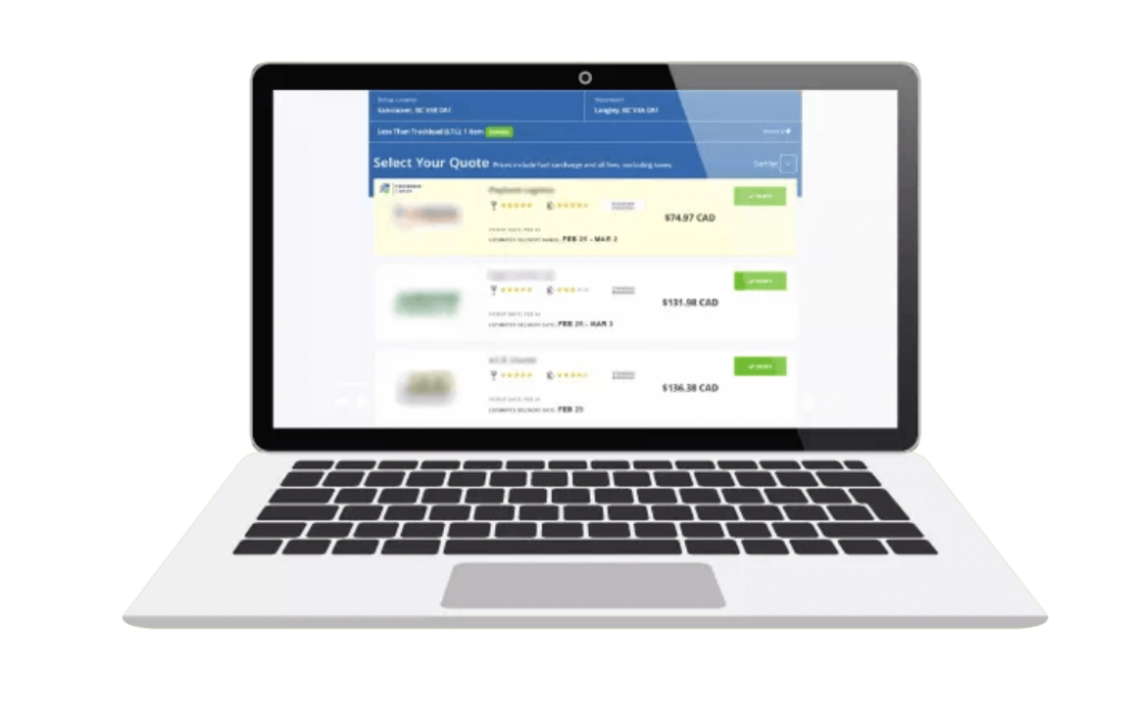 A screenshot of freight quotes on the Freightera website, on a laptop