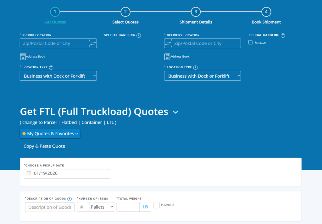 A screenshot of the Freightera FTL quoting page