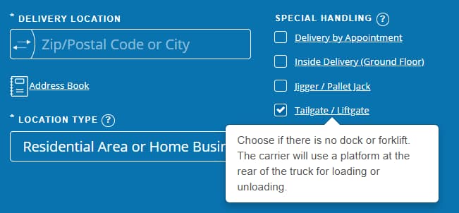 A screenshot of the Freightera quoting page with the liftgate service requested