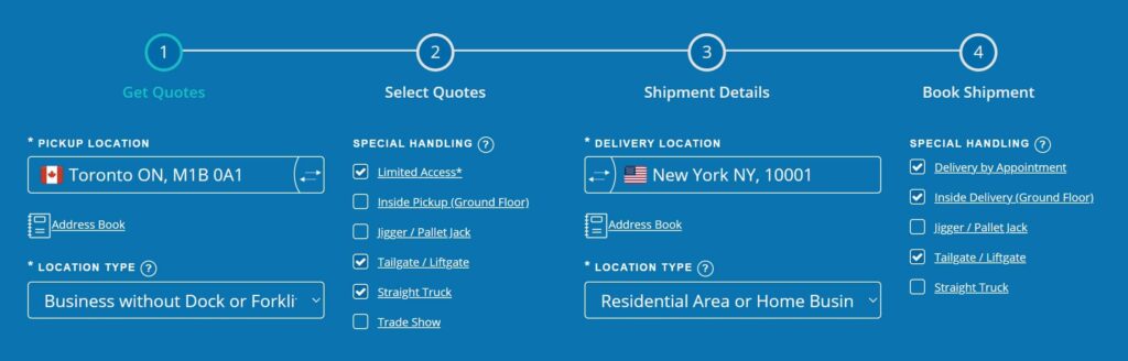 Freightera freight quoting page screenshots with accessorials and value-added services