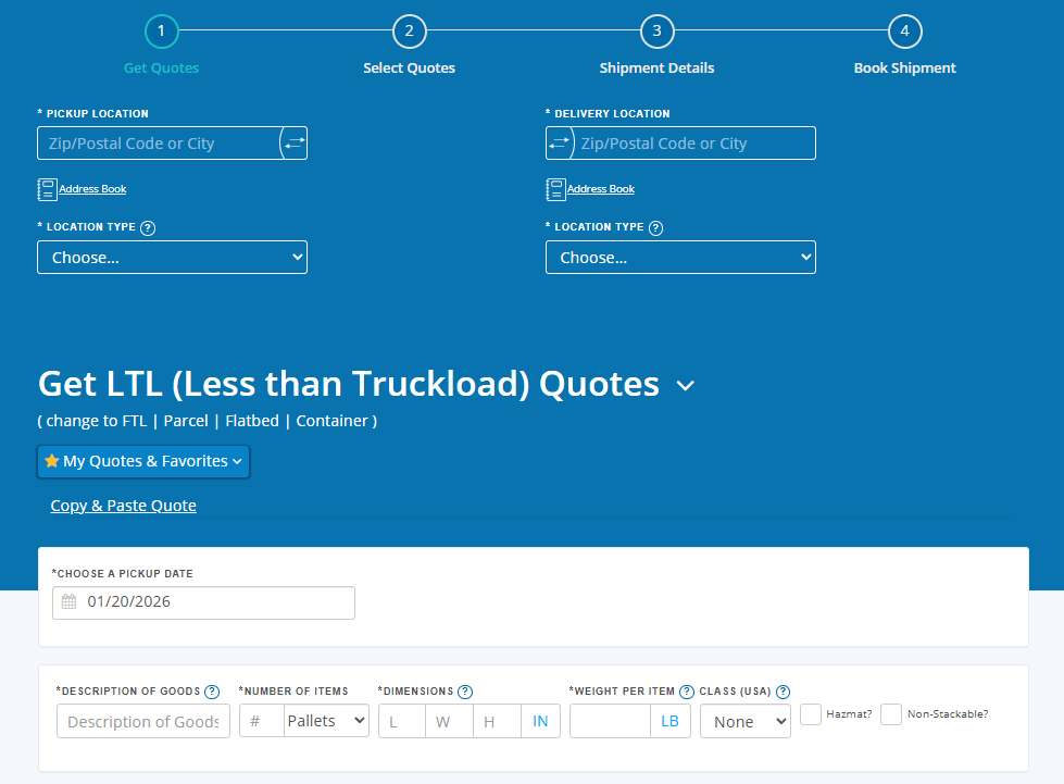 Screenshot of the Freightera LTL landing page