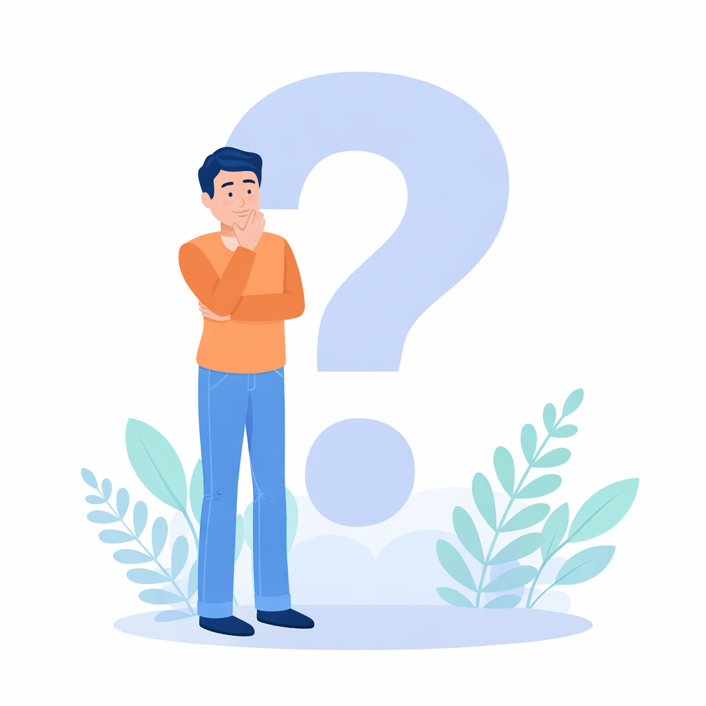 Illustration of a man standing thoughtfully beside a large question mark.