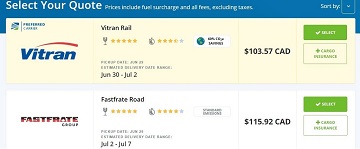 Screenshot of Freightera's quoting page with CO2 savings badge