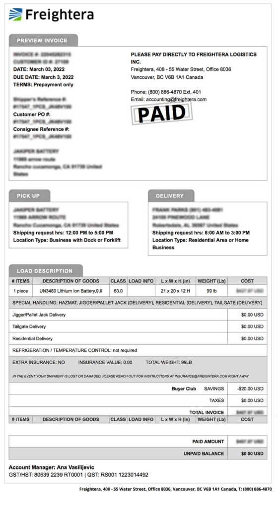 An example of an invoice in freight shipping