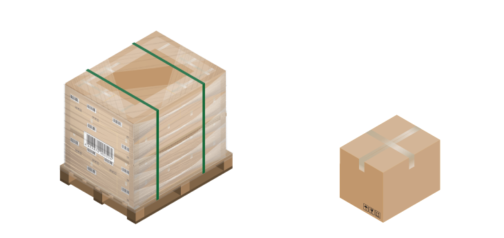 A pallet placed next to a parcel sized box