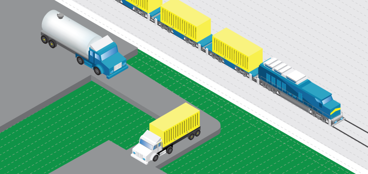 An illustration of two freight trucks and a freight train
