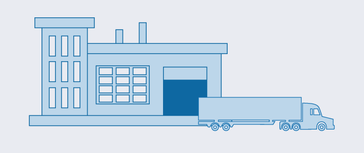 An illustration of a freight truck next to a factory