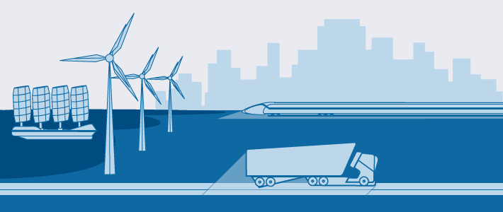 An illustration of a freight truck powered by renewable energy sources
