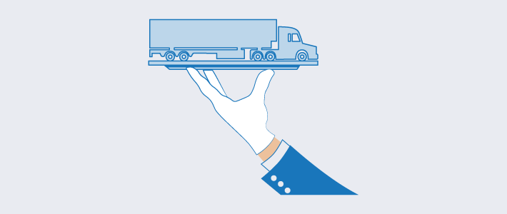 An illustration of a hand in white gloves holding a freight truck on a platter