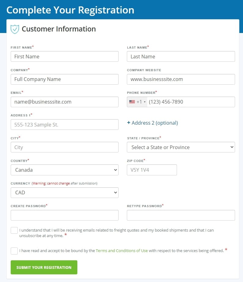 Second Sign Up form on the Freightera website